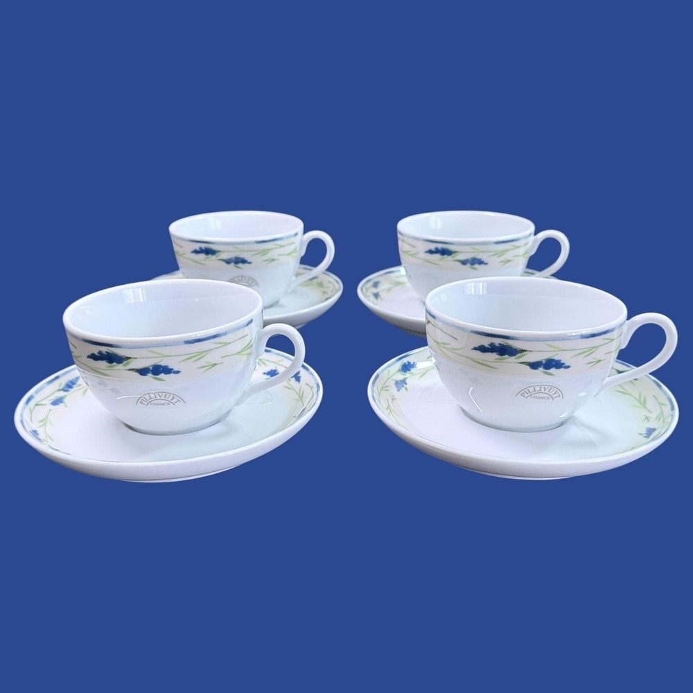 Pillivuyt Cups and Saucers (4) Lavender Flowers Yellow Band Decor Masilia France